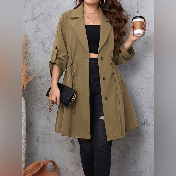 Plus Size Lapel Collar Drawstring Roll-Tab Sleeve Trench Coat - Picture 1 of 14